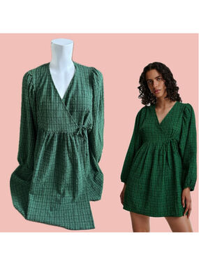 EDITED Green Textured Babydoll Mini Dress EU 42 US 10 Puff Sleeve